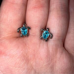 Silver Turtle Earrings with Blue Gemstone
